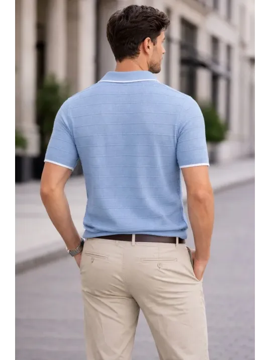 Erkek Triko Kumaş Yakalı Düğmesiz Açık Yaka Fitilli Kısa Kollu Regular Fit Tişört T-shirt - Bebek Mavisi