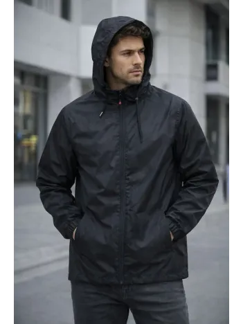 Erkek Kapüşonlu Su İtici Rüzgarlık Ceket Mevsimlik Hafif Mont - Siyah