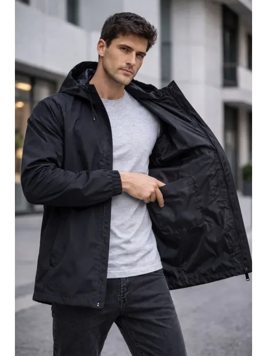 Erkek Kapüşonlu Su İtici Rüzgarlık Ceket Mevsimlik Hafif Mont - Siyah Erkek Kapüşonlu Su İtici Rüzgarlık Ceket Mevsimlik Hafif Mont - Siyah