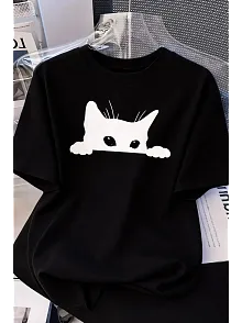 Kadınlar İçin Siyah Kedi Grafik Tişört - Oversize Kısa Kollu Üst Nefes Alabilir - Siyah