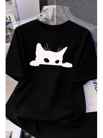 Kadınlar İçin Siyah Kedi Grafik Tişört - Oversize Kısa Kollu Üst Nefes Alabilir - Siyah