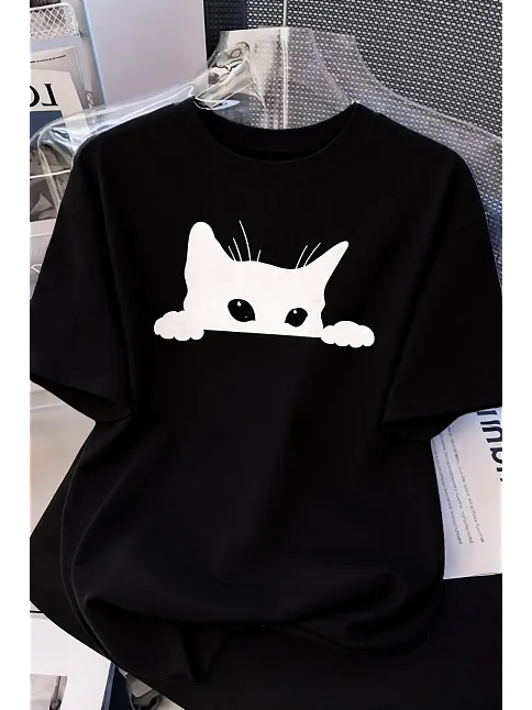 Kadınlar İçin Siyah Kedi Grafik Tişört - Oversize Kısa Kollu Üst Nefes Alabilir - Siyah