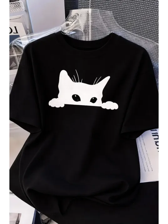 Kadınlar İçin Siyah Kedi Grafik Tişört - Oversize Kısa Kollu Üst Nefes Alabilir - Siyah