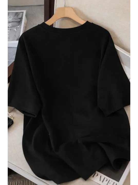 Kadınlar İçin Siyah Kedi Grafik Tişört - Oversize Kısa Kollu Üst Nefes Alabilir - Siyah