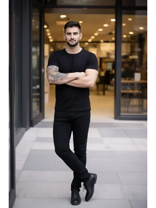 Erkek 2'li Bisiklet Yaka Tişört – Kısa Kollu Yazlık Slim Fit Body - Siyah & Lacivert