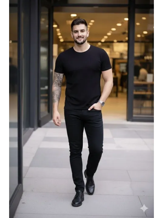 Erkek 2'li Bisiklet Yaka Tişört – Kısa Kollu Yazlık Slim Fit Body - Siyah & Lacivert