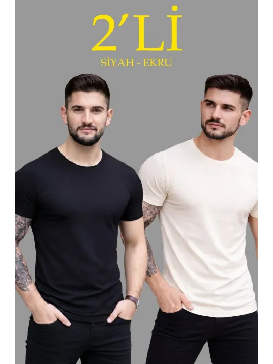 Erkek 2'li Bisiklet Yaka Tişört – Kısa Kollu Yazlık Slim Fit Body - Siyah & Ekru