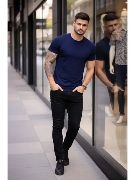 Erkek 2'li Bisiklet Yaka Tişört – Kısa Kollu Yazlık Slim Fit Body - Siyah & Lacivert