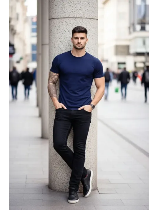 Erkek 2'li Bisiklet Yaka Tişört – Kısa Kollu Yazlık Slim Fit Body - Siyah & Lacivert