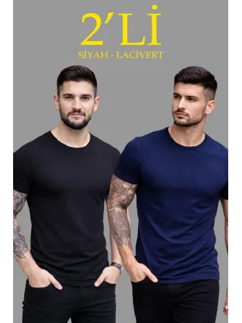 Erkek 2'li Bisiklet Yaka Tişört – Kısa Kollu Yazlık Slim Fit Body - Siyah & Lacivert