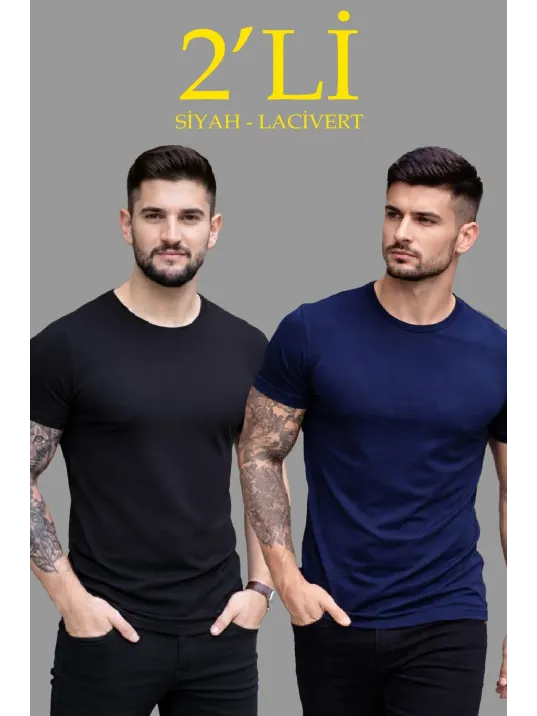 Erkek 2'li Bisiklet Yaka Tişört – Kısa Kollu Yazlık Slim Fit Body - Siyah & Lacivert