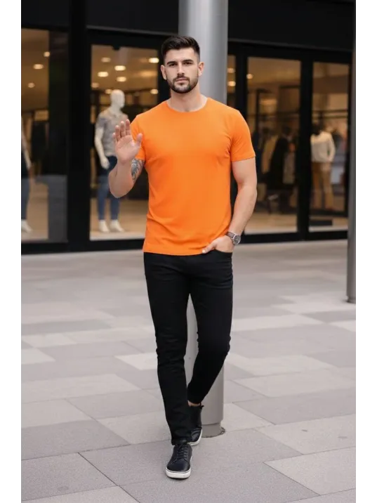 Erkek 2'li Bisiklet Yaka Tişört – Kısa Kollu Yazlık Slim Fit Body - Siyah & Turuncu
