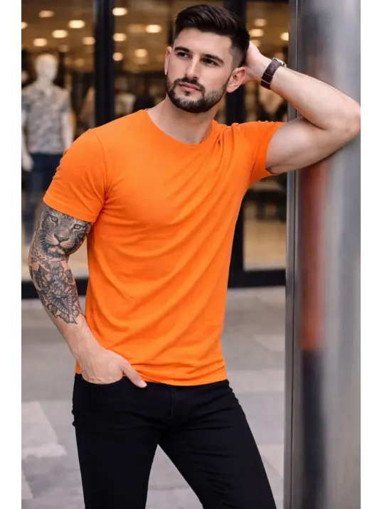 Erkek 2'li Bisiklet Yaka Tişört – Kısa Kollu Yazlık Slim Fit Body - Siyah & Turuncu