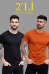 Erkek 2'li Bisiklet Yaka Tişört – Kısa Kollu Yazlık Slim Fit Body - Siyah & Turuncu