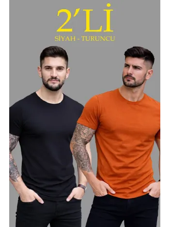Erkek 2'li Bisiklet Yaka Tişört – Kısa Kollu Yazlık Slim Fit Body - Siyah & Turuncu