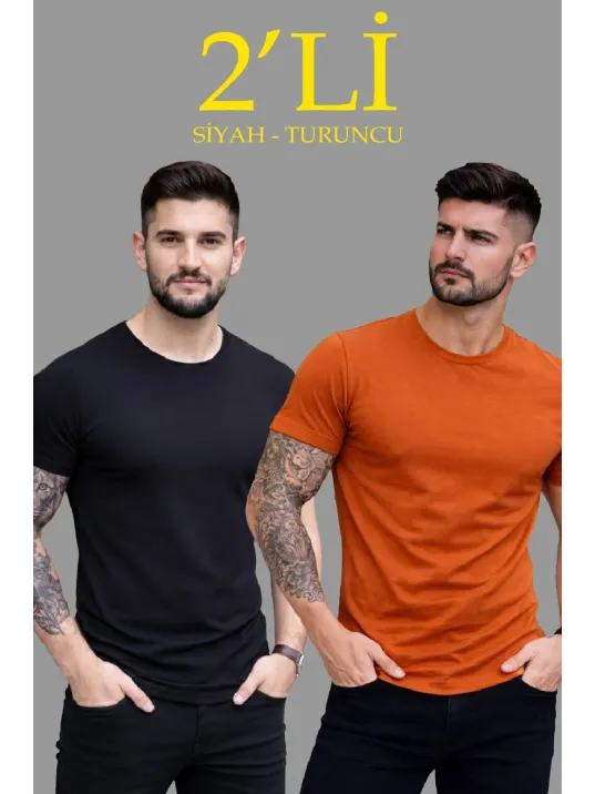 Erkek 2'li Bisiklet Yaka Tişört – Kısa Kollu Yazlık Slim Fit Body - Siyah & Turuncu