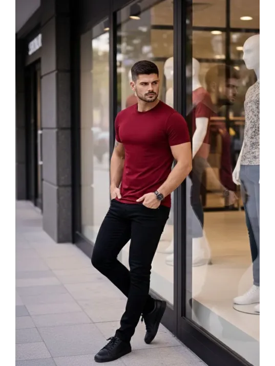 Erkek 2'li Bisiklet Yaka Tişört – Kısa Kollu Yazlık Slim Fit Body - Siyah & Bordo