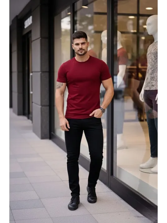 Erkek 2'li Bisiklet Yaka Tişört – Kısa Kollu Yazlık Slim Fit Body - Siyah & Bordo