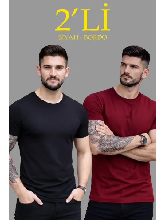 Erkek 2'li Bisiklet Yaka Tişört – Kısa Kollu Yazlık Slim Fit Body - Siyah & Bordo