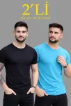Erkek 2'li Bisiklet Yaka Tişört – Kısa Kollu Yazlık Slim Fit Body - Siyah & Açık Mavi