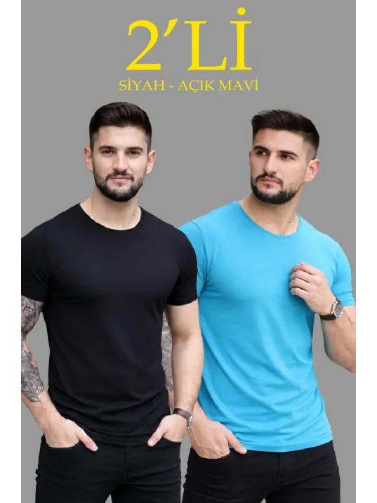 Erkek 2'li Bisiklet Yaka Tişört – Kısa Kollu Yazlık Slim Fit Body - Siyah & Açık Mavi