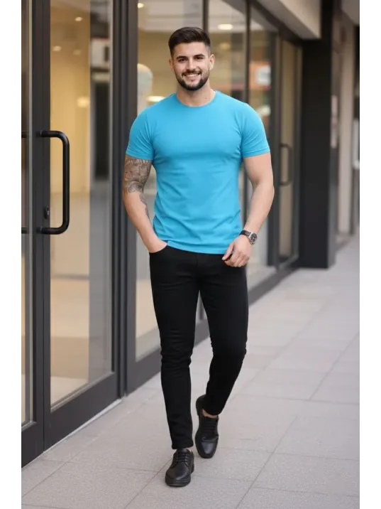 Erkek 2'li Bisiklet Yaka Tişört – Kısa Kollu Yazlık Slim Fit Body - Siyah & Açık Mavi