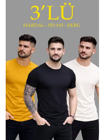 Erkek 3'lü Bisiklet Yaka Tişört – Kısa Kollu Yazlık Slim Fit Body - Siyah, Ekru, Hardal