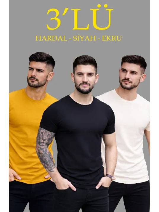 Erkek 3'lü Bisiklet Yaka Tişört – Kısa Kollu Yazlık Slim Fit Body - Siyah, Ekru, Hardal