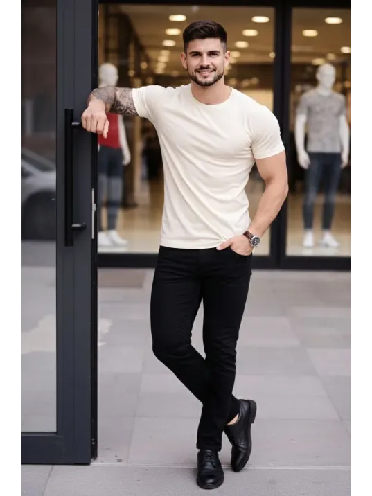 Erkek 3'lü Bisiklet Yaka Tişört – Kısa Kollu Yazlık Slim Fit Body - Siyah, Ekru, Hardal
