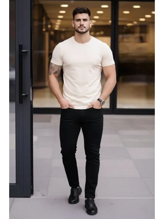 Erkek 3'lü Bisiklet Yaka Tişört – Kısa Kollu Yazlık Slim Fit Body - Siyah, Ekru, Hardal