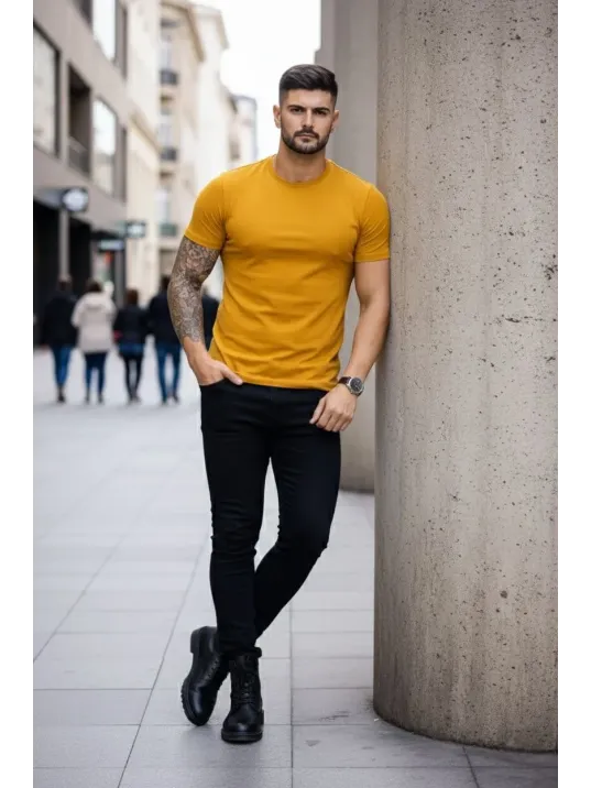 Erkek 3'lü Bisiklet Yaka Tişört – Kısa Kollu Yazlık Slim Fit Body - Siyah, Ekru, Hardal