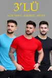 Erkek 3'lü Bisiklet Yaka Tişört – Kısa Kollu Yazlık Slim Fit Body - Siyah, Kırmızı, Açık Mavi