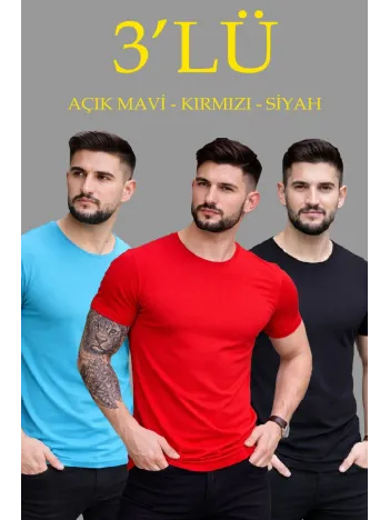 Erkek 3'lü Bisiklet Yaka Tişört – Kısa Kollu Yazlık Slim Fit Body - Siyah, Kırmızı, Açık Mavi