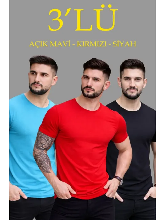 Erkek 3'lü Bisiklet Yaka Tişört – Kısa Kollu Yazlık Slim Fit Body - Siyah, Kırmızı, Açık Mavi