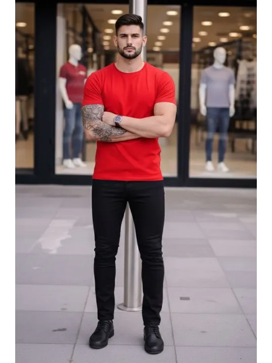 Erkek 3'lü Bisiklet Yaka Tişört – Kısa Kollu Yazlık Slim Fit Body - Siyah, Kırmızı, Açık Mavi