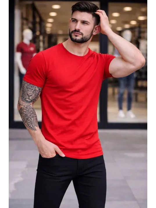 Erkek 3'lü Bisiklet Yaka Tişört – Kısa Kollu Yazlık Slim Fit Body - Siyah, Kırmızı, Açık Mavi