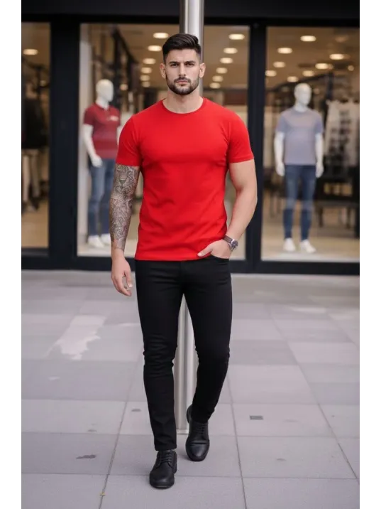 Erkek 3'lü Bisiklet Yaka Tişört – Kısa Kollu Yazlık Slim Fit Body - Siyah, Kırmızı, Açık Mavi