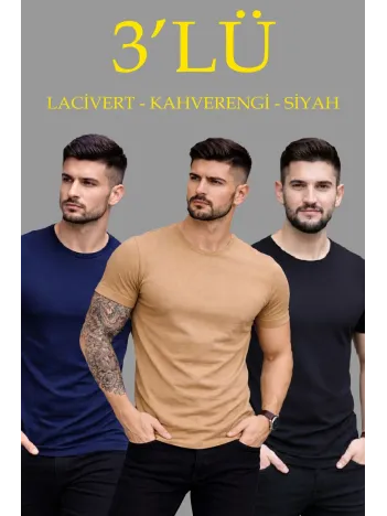 Erkek 3'lü Bisiklet Yaka Tişört – Kısa Kollu Yazlık Slim Fit Body - Siyah, Lacivert, Kahverengi