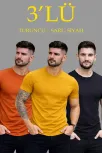 Erkek 3'lü Bisiklet Yaka Tişört – Kısa Kollu Yazlık Slim Fit Body - Siyah, Turuncu, Sarı