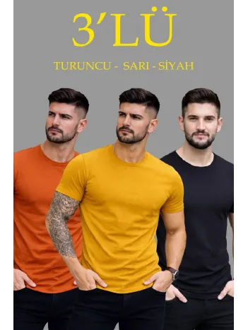 Erkek 3'lü Bisiklet Yaka Tişört – Kısa Kollu Yazlık Slim Fit Body - Siyah, Turuncu, Sarı