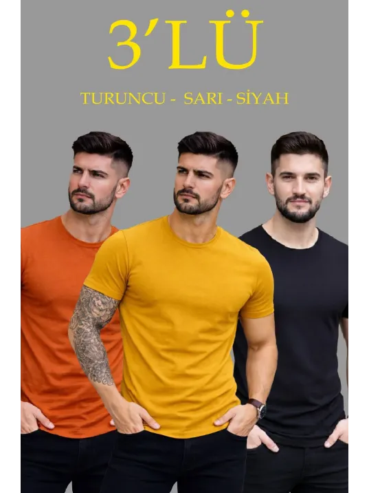 Erkek 3'lü Bisiklet Yaka Tişört – Kısa Kollu Yazlık Slim Fit Body - Siyah, Turuncu, Sarı