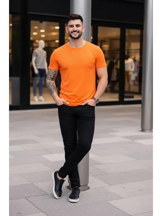 Erkek 3'lü Bisiklet Yaka Tişört – Kısa Kollu Yazlık Slim Fit Body - Siyah, Turuncu, Sarı