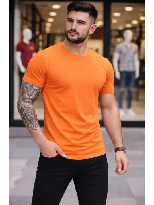 Erkek 3'lü Bisiklet Yaka Tişört – Kısa Kollu Yazlık Slim Fit Body - Siyah, Turuncu, Sarı