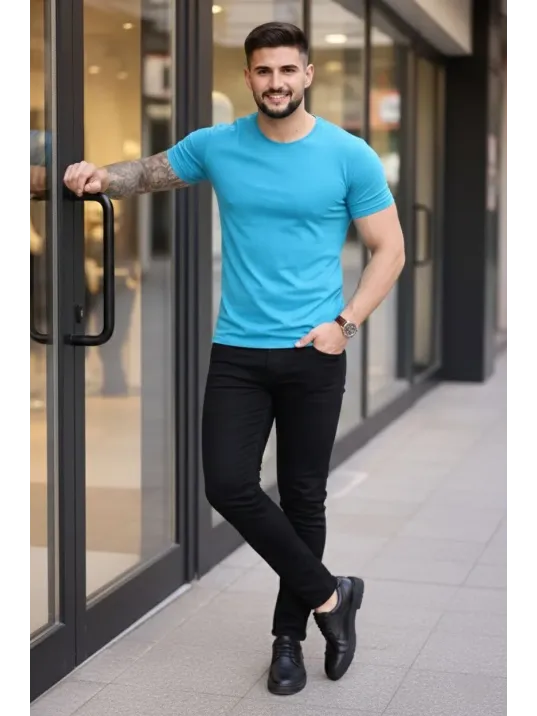 Erkek 3'lü Bisiklet Yaka Tişört – Kısa Kollu Yazlık Slim Fit Body - Siyah, Açık Mavi, Bordo