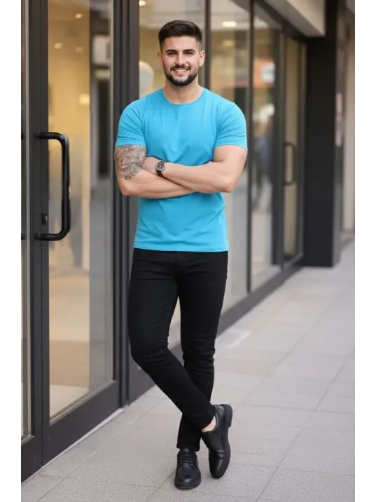 Erkek 3'lü Bisiklet Yaka Tişört – Kısa Kollu Yazlık Slim Fit Body - Siyah, Açık Mavi, Bordo