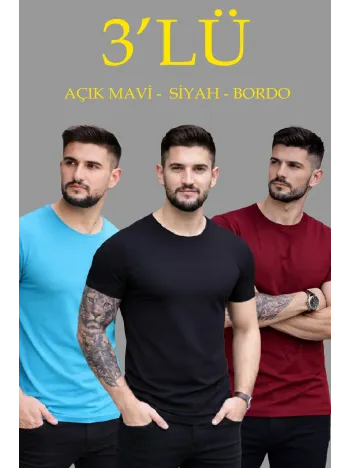 Erkek 3'lü Bisiklet Yaka Tişört – Kısa Kollu Yazlık Slim Fit Body - Siyah, Açık Mavi, Bordo