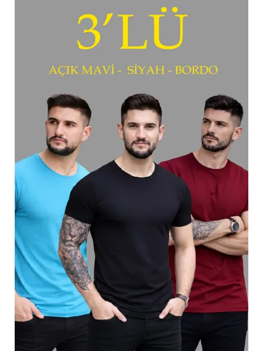 Erkek 3'lü Bisiklet Yaka Tişört – Kısa Kollu Yazlık Slim Fit Body - Siyah, Açık Mavi, Bordo