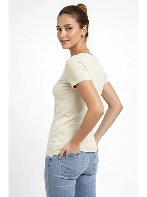 Kadın 2'li V Yaka Tişört – Kısa Kollu Yazlık Slim Fit Body - Saks Mavisi & Ekru