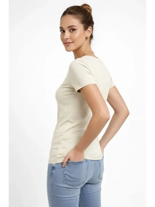 Kadın 2'li V Yaka Tişört – Kısa Kollu Yazlık Slim Fit Body - Saks Mavisi & Ekru