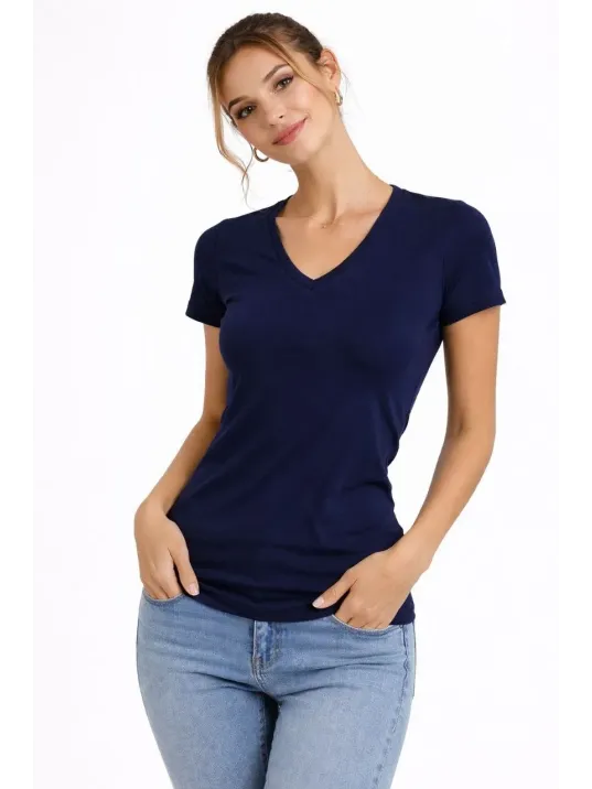 Kadın 2'li V Yaka Tişört – Kısa Kollu Yazlık Slim Fit Body - Lacivert & Ekru
